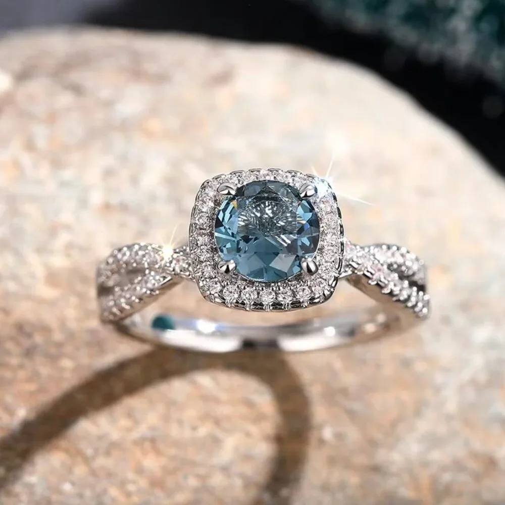NEW 14k White Gold Blue Topaz Diamond Ring Round Cut Halo Ring
